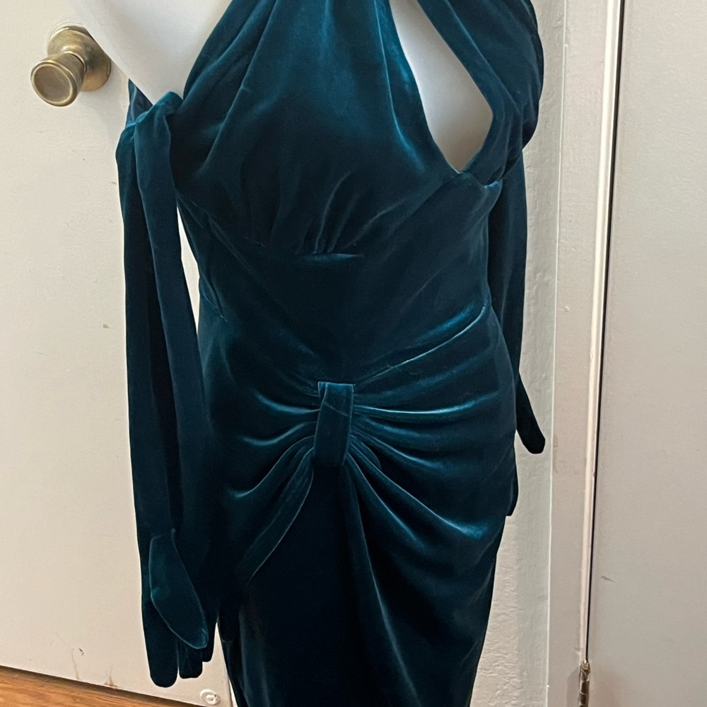 Vixen by Micheline Pitt Teal Velvet Halter Gown Matching Gloves INCLUDED size M - Picture 4 of 6